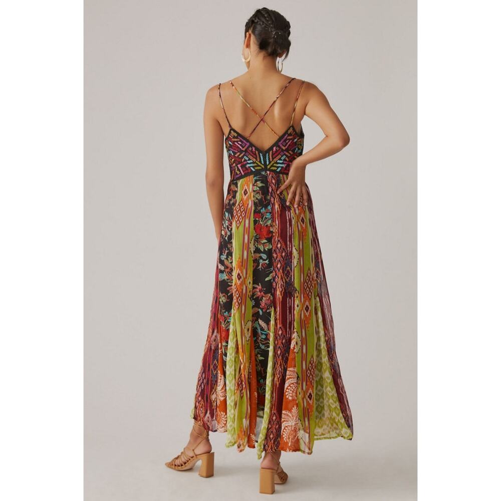 Anthropologie Boho Multi Print V-Neck Maxi Dress Size US 2 - Picture 3 of 11